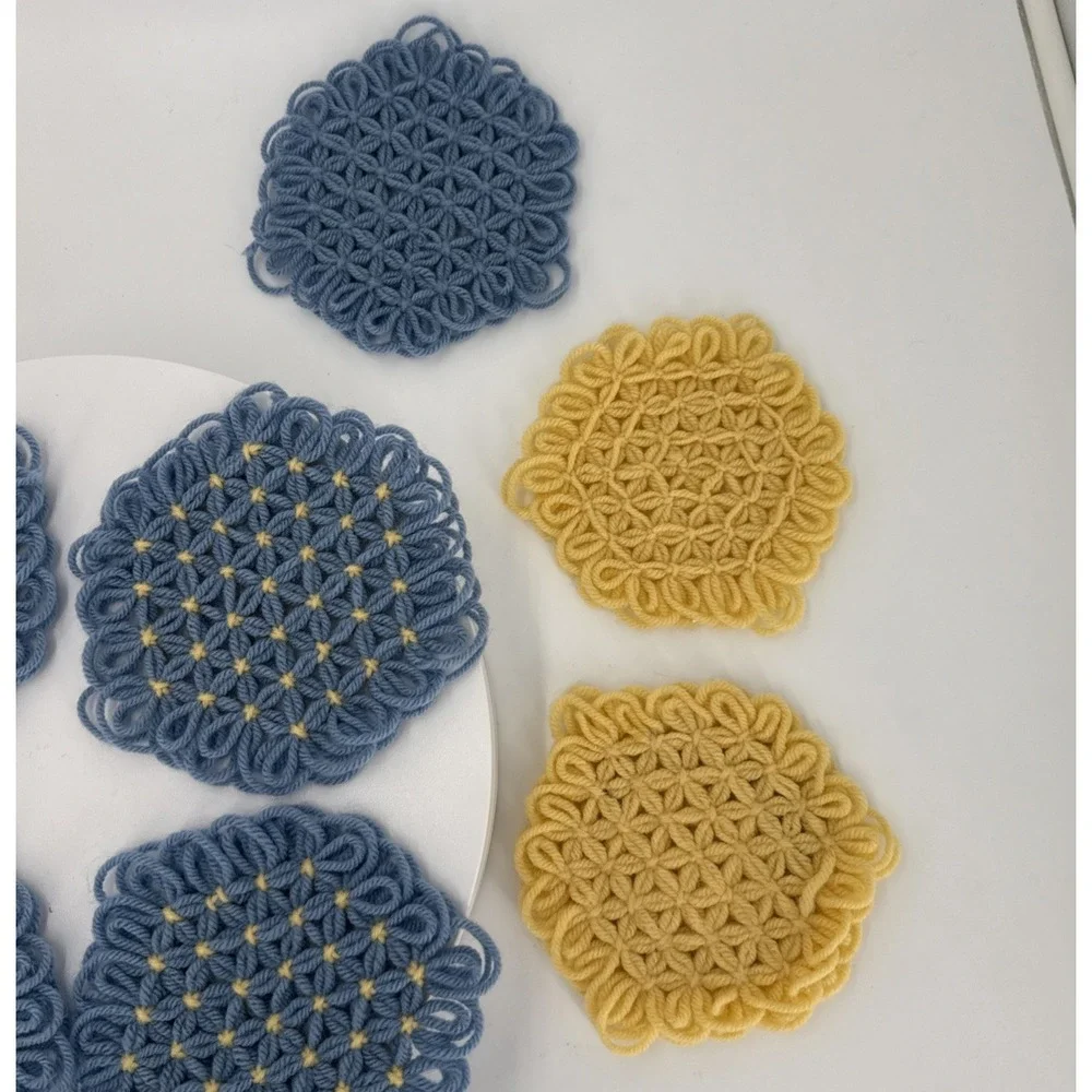 Vtg Handmade Loom Crochet Coasters-4 Blue/Yellow-1 Blue-4 Yellow-1 Yellow/White‎